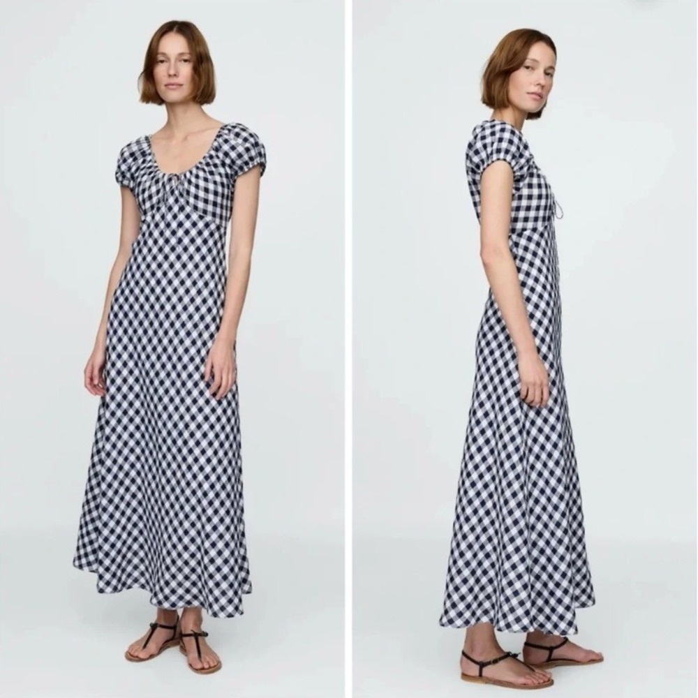Gap x DOEN Gingham Linen Midi Dress Puff Sleeve Empire Waist Cottagecore L
